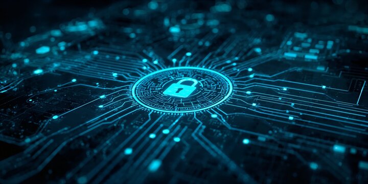 A glowing digital lock icon sits at the center of a blue circuit board pattern with luminous connections outward to create a high tech visual emphasizing data protection and network security elements