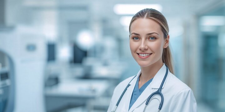 A smiling medical professional wearing a white coat and stethoscope stands in a bright modern hospital environment with a soft blurred background emphasizing the clean clinical setting surroundings