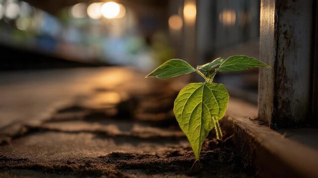 A small green seedling growing through a crack between railway tracks in an urban setting.