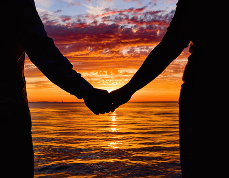 Silhouette of a couple holding hands at sunset over the ocean. Represents love, commitment, and travel. Perfect for wedding, honeymoon, and romantic getaway themes. - Powered by Adobe