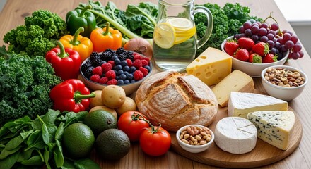 Nutritious Foods on Wooden Table Top Displaying Fresh Vegetables Fruits Cheese Bread and Water for Healthy Diet Concept Rich in Vitamins Minerals Antioxidants With Natural Light