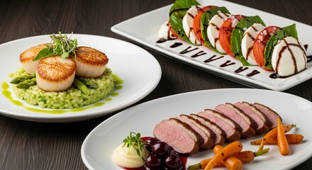Elegant Restaurant Meal Featuring Seared Scallops Duck Breast Slices and Caprese Salad With Fresh Mozzarella Tomatoes Basil Balsamic Glaze Fine Dining Experience and Gourmet Cuisine