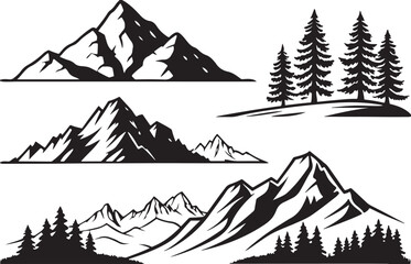 A bold and minimalistic mountain landscape silhouette featuring layered peaks, pine trees, and natural scenic elements