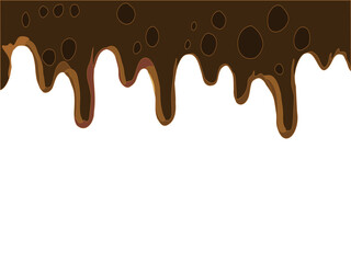 Melted chocolate dripping on white. Brown cocoa blend with milk tones. Smooth liquid drip texture.
