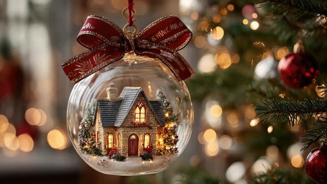 Close up of a stunning Christmas ornament featuring a tiny glowing house inside, dangling from a adorned tree surrounded by twinkling bokeh lights that evoke a sense of enchantment