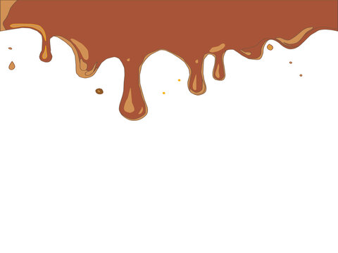 Melted chocolate dripping on white. Brown cocoa blend with milk tones. Smooth liquid drip texture.