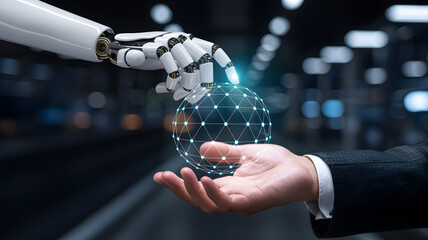 Human and AI collaboration empowering digital transformation with a global network in a futuristic world, innovative technologies converging, future is now