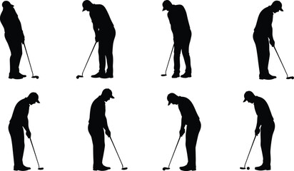 Golf putting silhouette sequence, golfer stroke breakdown, putting stance illustration, sports technique visual, dynamic posture study, golf form progression