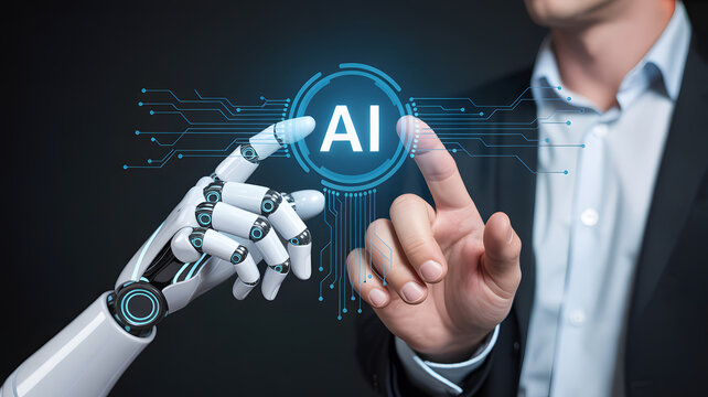 Modern business professional touching AI interface, representing cutting-edge technology and innovation for business automation and the future of work