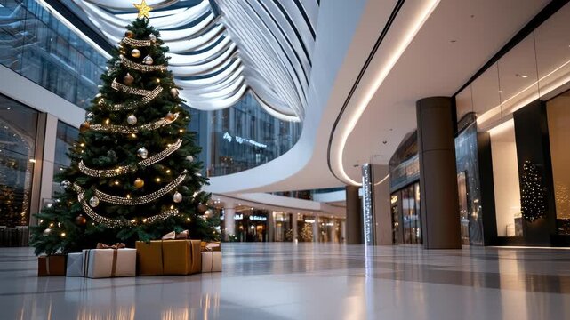 Elegantly decorated Christmas tree with glowing lights and gifts in a modern, empty shopping mall corridor, creating a serene, festive holiday atmosphere before shoppers arrive