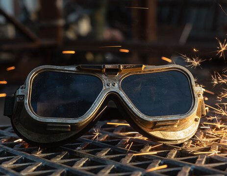 Steampunk goggles amidst flying sparks evoke industry, innovation, and protection. Powerful imagery for concepts like safety, engineering, or creative vision.