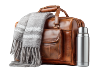 Travel bag with a scarf and a thermos, isolated on white background