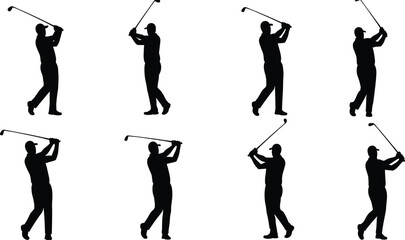 Golf swing silhouette sequence, athletic motion breakdown, professional golfer technique, sports training visual, dynamic pose illustration, golfing form study