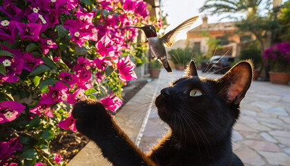 Fototapeta premium Black cat watches a hummingbird near bright bougainvillea. Serene, whimsical wildlife scene. Perfect for nature, pets, mindfulness content.