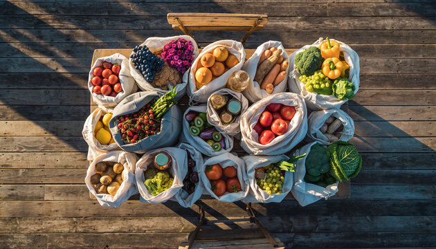 A vibrant overhead shot showcases reusable bags overflowing with fresh produce on a wooden table. Depicts sustainability, healthy eating, and the beauty of organic, local agriculture.