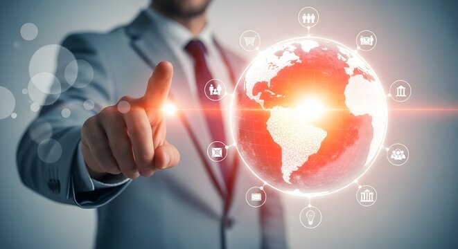 Businessman touching a glowing digital globe representing global connection - Powered by Adobe