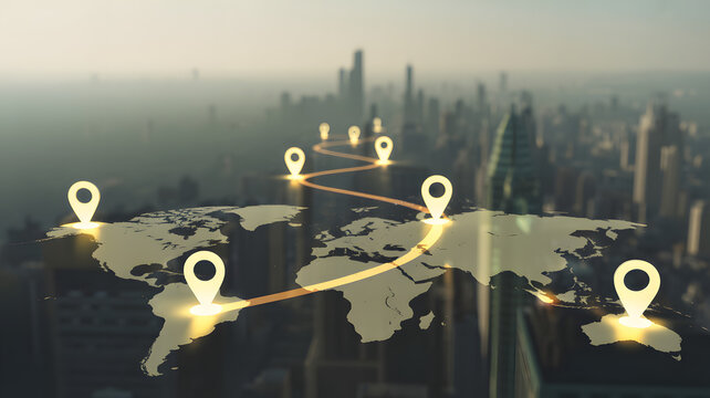 Connect globally with worldwide destinations marked on a world map, ideal for travel, logistics, or international business expansion with glowing location icons