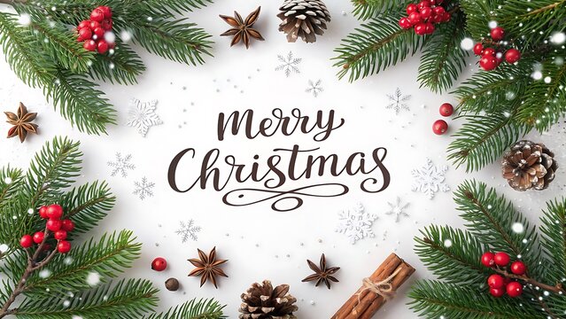 Merry christmas text with a festive border of green fir branches, red berries, pinecones, star anise, and cinnamon stick, on a snowy white background, isolated on white background