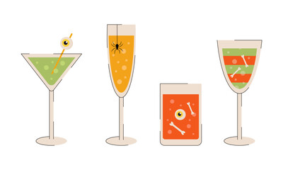 Collection of spooky Halloween cocktails in various glasses, featuring thematic elements like eyeballs, spiders, and bones. Perfect for party invitations and bar menus. Vector illustration
