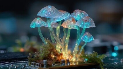 Fototapeta premium Macro view of glowing mushrooms on computer motherboard, cyber nature concept, blue neon technology background, digital biology connection