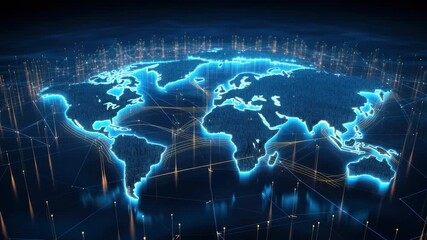 Futuristic video concept of a glowing world map from a top-down angle, showcasing digital connections and data points across continents. Live desktop wallpaper. - Powered by Adobe