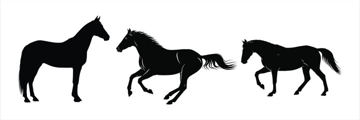 Set of black horse silhouettes showing different gaits from standing to running