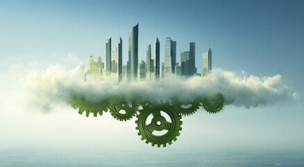 City of skyscrapers floats atop clouds and connected green gears, under a blue sky