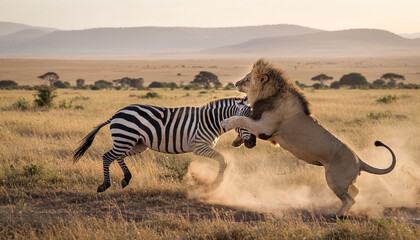 Obraz premium Powerful wildlife image of a lion attacking a zebra in the savanna. Symbol of struggle, survival, the food chain. Ideal for nature documentaries or content about wildlife.