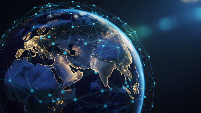 Global network connecting world, modern technology powering international business, data communication, future innovation concept, vibrant cities at night
