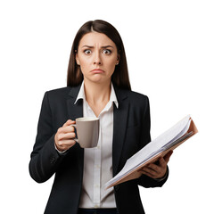Shocked Businesswoman with Wide Eyes Holding Coffee Mug and Folder of Documents, Looking Stressed and Overwhelmed, Isolated on Transparent Background, PNG