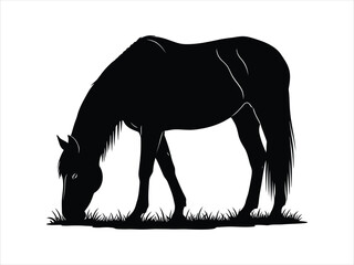 Black silhouette of a graceful horse grazing peacefully in a field of grass