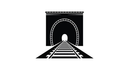 Railway tracks leading into a dark tunnel entrance silhouette
