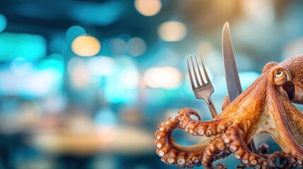 Realistic Octopus Dining With Steak Knife and Fork at a Vibrant Restaurant Setting, Showcasing Creativity in the Food Industry