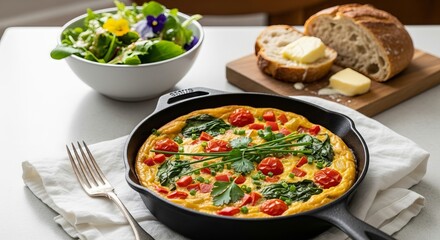 Frittata in skillet with garden salad and sourdough bread on bright white background creating healthy brunch meal perfect for dietary needs exactly two hundred characters