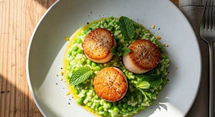 Seared Scallops with Pea Risotto Gourmet Dish Featuring Perfectly Cooked Scallops Served on Creamy Pea Risotto Garnished with Fresh Mint Leaves on Modern Plate