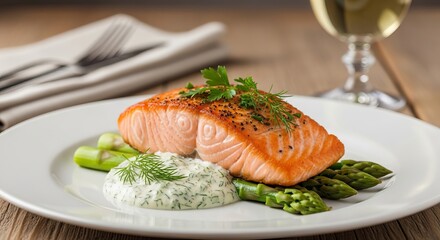 Salmon fillet with asparagus and dill sauce plated on white plate next to glass of white liquid served on wooden surface create gourmet dish exactly two hundred characters