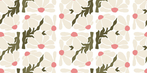 Organic Floral Seamless Pattern. Groovy Chamomile Flower Folk on White Background. Ornament in trendy retro hippie 60s 70s. Abstract Contemporary Aesthetic. Vector horizontal Illustration. Not AI