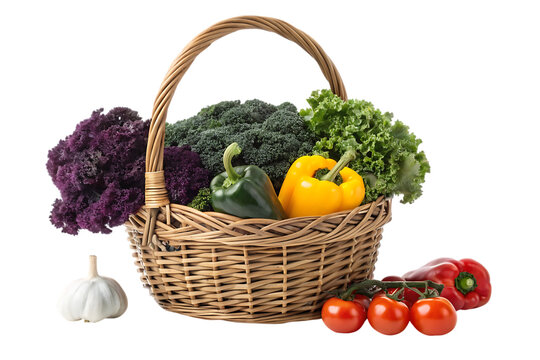 Fresh vegetables in wicker basket on white background