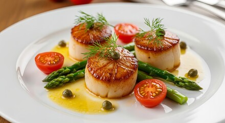Seared Scallops Served on White Plate with Asparagus and Tomato Garnish Presentation of Seafood Delicacy in Elegant Fine Dining Cuisine Plated Gourmet Dish 200 Chars