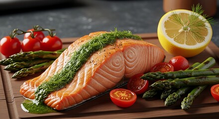 Grilled salmon fillet served with asparagus and cherry tomatoes healthy eating concept featuring fresh ingredients and culinary presentation studio shot food photography