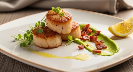 Seared scallops served on elegant plate with pea puree and bacon bits food photography showcasing gourmet dish fresh microgreens garnish and lemon wedge restaurant cuisine