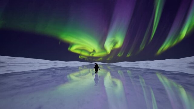 Arctic Explorer Under Aurora: A solitary figure navigates a frosted expanse beneath the ethereal dance of the aurora borealis, the night sky ablaze with nature's artistry.