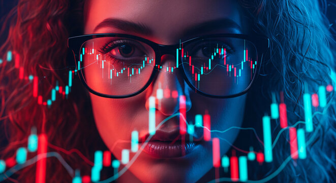Focused Businesswoman Analyzing Stock Market Charts with Reflections