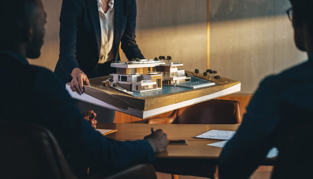 Architect presents modern house scale model to clients in a meeting. Design, architecture, real estate concept. Shows vision, investment potential, or future home possibilities.