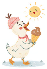 Fototapeta premium Cute cartoon duck in winter hat happily walking with chocolate ice cream under a smiling sunny sky