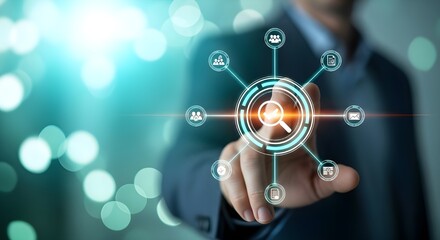 Businessman touching a virtual screen with a search icon for data analysis