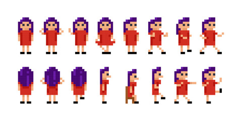8-bit girl animation. Pixel game woman character for animation.