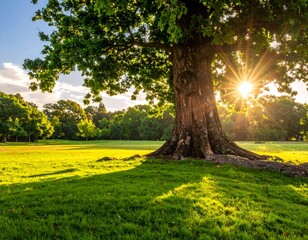 A massive tree in a sun-drenched meadow glows with light, framed by lush green grass and distant trees under a blue sky