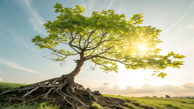A beautiful photo of a small tree with exposed roots and vibrant green leaves in bright sunlight.
