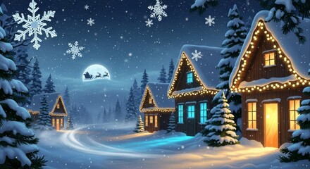 Winter Village with Snowy Houses and Holiday Lights at Night